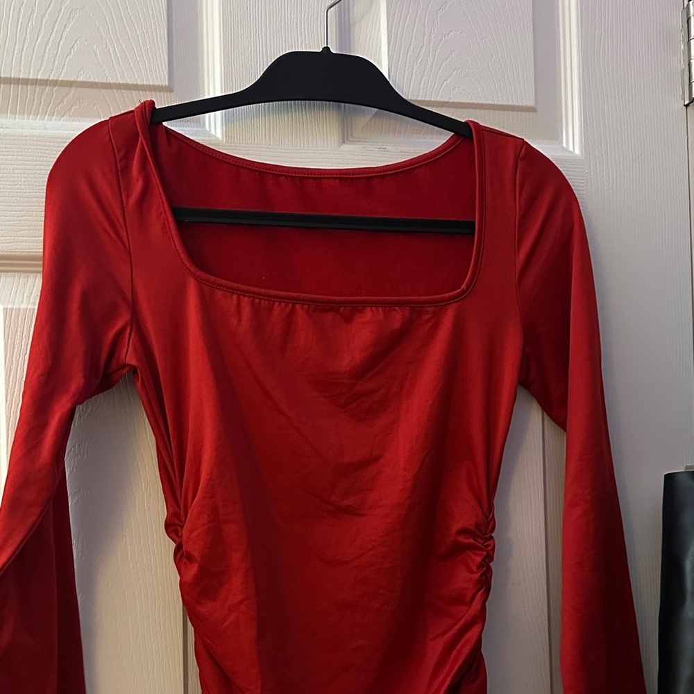 Red Long Sleeve Square Neck Top